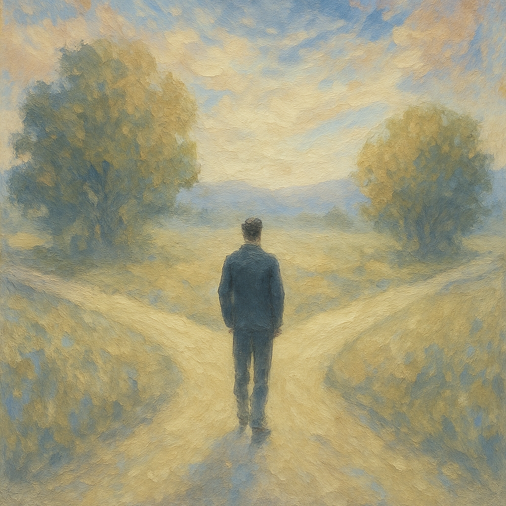 Impressionistic painting of a person standing at a crossroads, symbolizing life transitions and personal reinvention chatgpt image may 30, 2025, 08 39 59 pm
