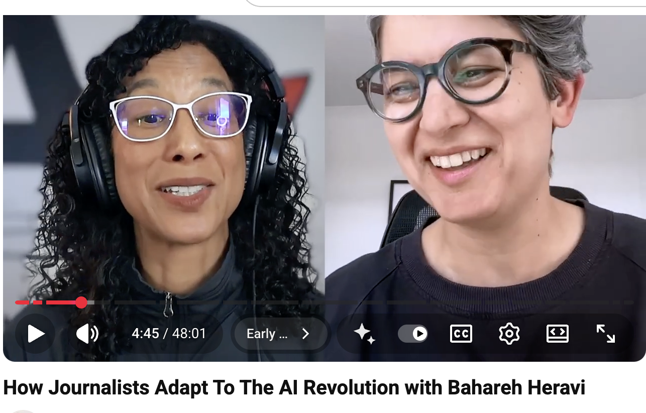 Yumi Wilson interviewing AI and journalism expert Dr. Bahareh Heravi on YouTube for A Journalist’s Guide to AI podcast